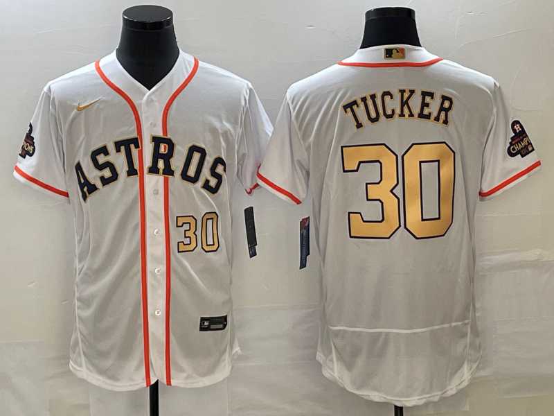 Men%27s Houston Astros #30 Kyle Tucker Number 2023 White Gold World Serise Champions Patch Flex Base Stitched Jerseys